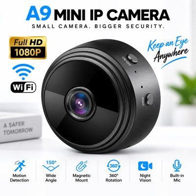 A9 Wi-Fi Night Vision Mini IP Camera – 1080P HD Wireless Security CCTV with 180° Wide-Angle Lens, Motion Detection, Loop Recording & Built-in Mic